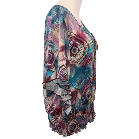 Y2K Stretchy Colorful Blouse Top Flutter Sleeves Blousy Relaxed Petite LG Office - Picture 2 of 11